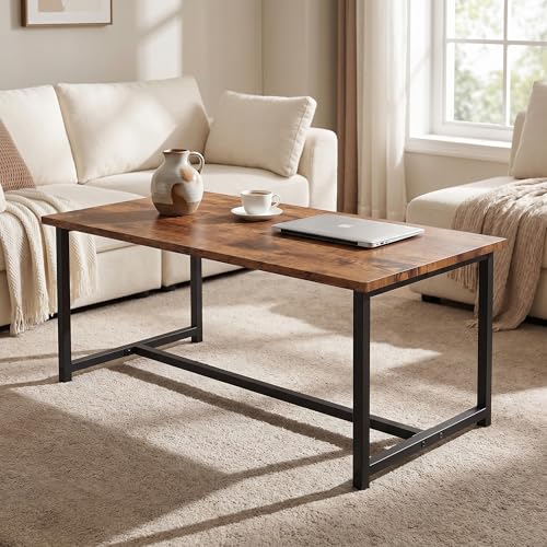 FOUBAM Couchtisch Rechteck, Wohnzimmertisch Kaffeetisch Sofatisch für Wohnzimmer,Beistelltisch einfacher Aufbau, Metall, Industrie-Design, vintagebraun-schwarz