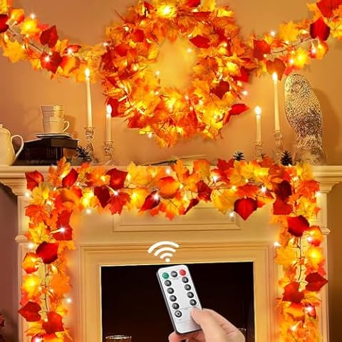 [8 Lighting Modes & Timer] 2Pcs Table Fall Decor Thanksgiving Decorations for Home Fall Garland with 1Pcs String Light 40LED Indoor Outdoor for Home Porch Autumn Halloween Cover