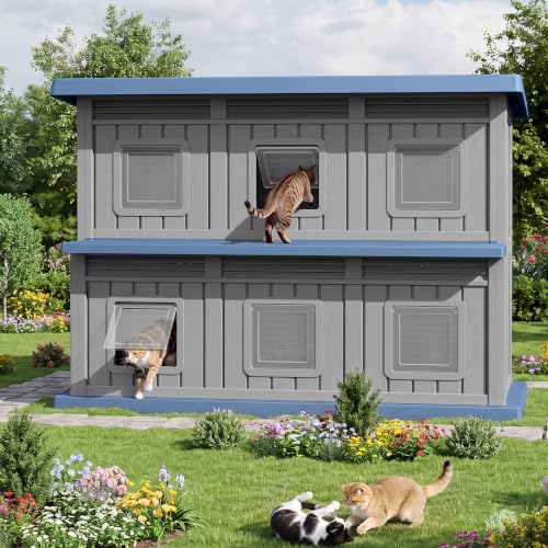 Image of Fancyango Cat House Bed Cave, Cat Houses for Outdoor Cats, Grey-Blue