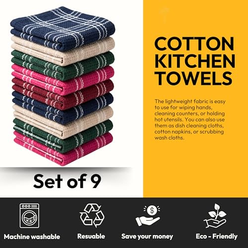 Image of Cooker&Mixer Cotton Kitchen Towels, Dish Cleaning Cloth, Cotton Napkins, Scrubbing Wash Cloths, Bulk, Sets, Mix Color, 47 x 47 cm, Set of 9, Premium Comb Structure, Super Absorbent, Quick-Drying