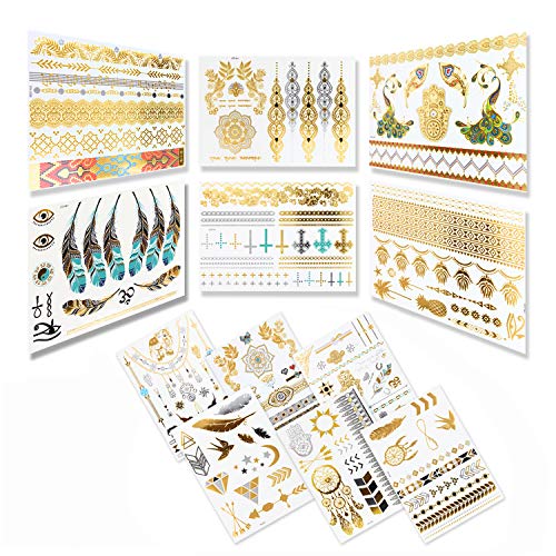 Dalin 6 Sheets Gold Silver Blue Body Temporary Metallic Tattoos Jewelry Inspired Bling Adult Temp Metallic Glitter Art Tattoos Long Lasting