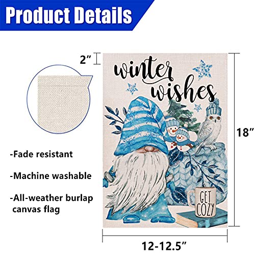 Covido Home Decorative Winter Wishes Gnome Garden Flag, House Yard Owl Snowman Coffee Book Stars Pine Trees Outside Blue Decoration, Christmas Holiday Outdoor Small Burlap Decor Double Sided 12 X 18 #TOP1
