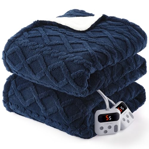 CAROMIO Electric Blanket Queen Size Dual Control - Thick Tufted Sherpa Heated Blanket Queen with 6 Heat Levels and 20 Time Settings, ETL Certified Fast Heating Blanket Queen Size 84"×90", Navy Blue