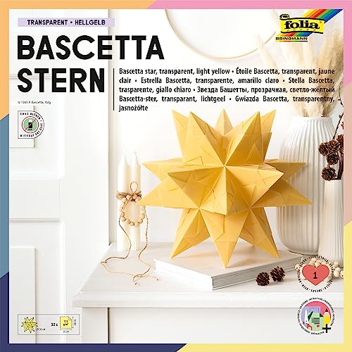 folia 811/2020 – Craft Set Bascetta Star Transparent Light Yellow 20 x 20 cm 32 Sheets Finished Size of Paper Star Approx. 30 cm with Detailed Instructions – Ideal for Timeless Decoration