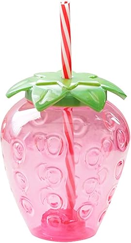 Linda botella de agua de fresa de grado alimenticio PP libre de BPA de 16.9 fl oz botella de agua con popote Kawaii fresa botella para niñas y