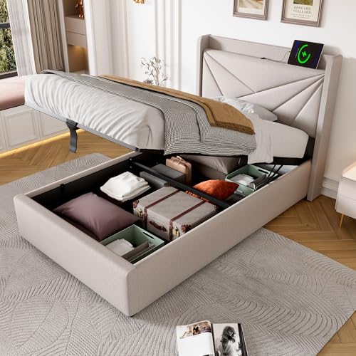 KUAKE Letto matrimoniale imbottito, 90 x 200, contenitore con funzione di ricarica USB tipo C, testiera, struttura in lino, letto per ragazzi con rete a doghe (90 x 200 cm, bianco)
