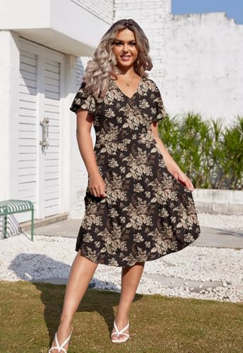 Image of Women's Plus Size Summer Dresses V Neck Ruffle Short Sleeve Casual Wrap A Line Midi Dress with Pockets