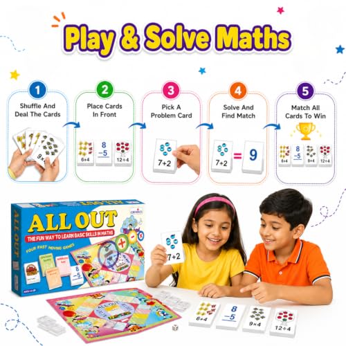 Image of Creative's All Out, Maths Board Game for Kids, 4-in-1 Addition Subtraction Multiplication Division,120 Game Cards Dice Activity Guide, Basic Arithmetic Skills, STEM Educational Games, Ages 6+