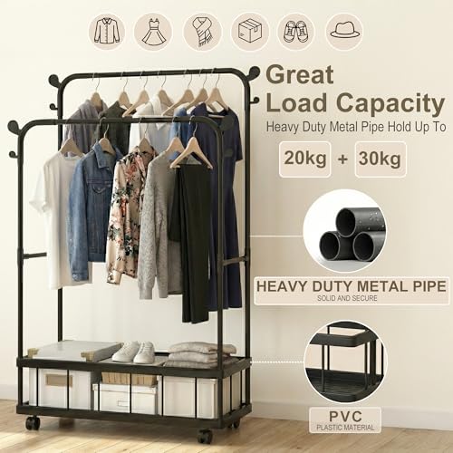 Image of Story@Home Heavy-Duty Double Rod Metal Garment Rack for Clothes with Wheels, Bottom Storage Shelf & 4 Side Hooks | Freestanding Clothes Stand for Bedroom, Entryway, Living Room - Black