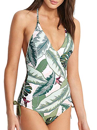 Meihuida Womens Padded One Piece Swimsuit Flower Leaves Backless Bathing Suit Halter Straps Swimwear (S/US 4-6, Green)