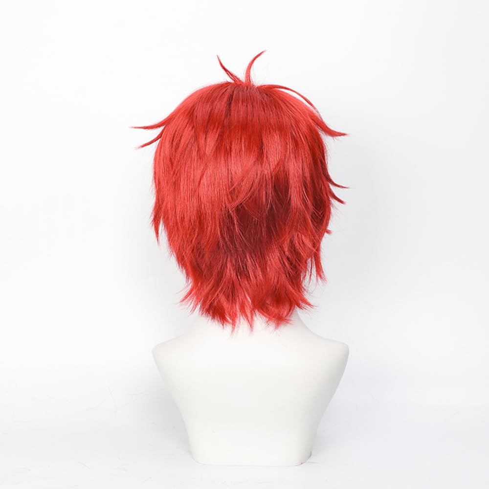Red Cosplay Wig Mens Short Spiky Layered Hair with Bangs Heat Resistant Synthetic Wig for Costume Party (Red)