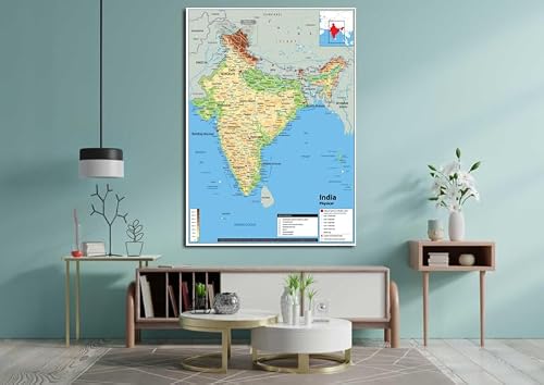 Mapa fizyczna w Indiach - laminowany papier (A2 rozmiar 42 x 59,4 cm)
