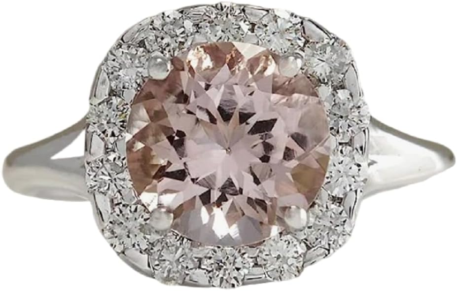 Yuren Fashion Women 925 Silver Round Cut Morganite Ring Wedding Bridal Jewelry Siez 6-10 (Size 10)