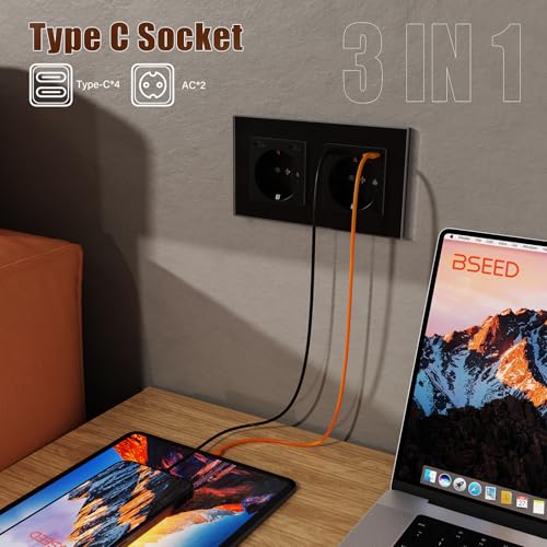 BSEED Steckdose mit USB C(5 V 2.1A),Unterputz Steckdose (Typ C und Typ C),16A 250V 2 Fach Wandsteckdose,2*USB C Einbausteckdose Geeignet für Phone,Pad-157mm*86mm,Schwarz