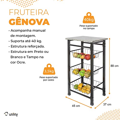 Fruteira Genova Tampo de Granito 3 Cestos Removíveis Preta