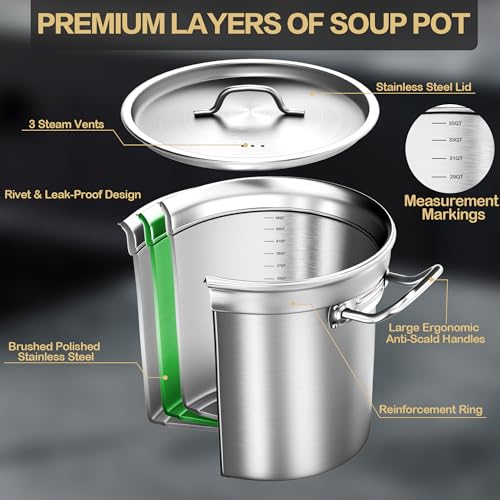 Image of Stockpots-35QT Stainless Steel Large Stock Pot with Lid, Heavy Duty Tri-Ply Bottom Commercial Grade Stock Pot & Stockpots for Boiling Cooking Soup Stew Canning Cooking Pots, Big Stockpot