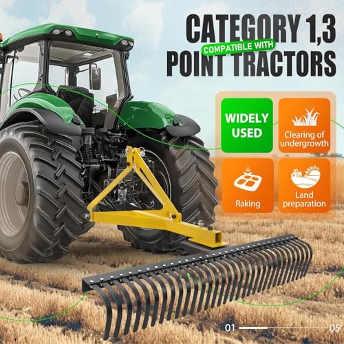 KUAFU 60In Landscape Rake, 3 Point Rake, 360 Rotation Compatible with Category 1, Cat1 Tractors Tow-Behind Garden Tool for Garden, Farm, Clearing Brush, Raking Arenas 2 Package Yellow