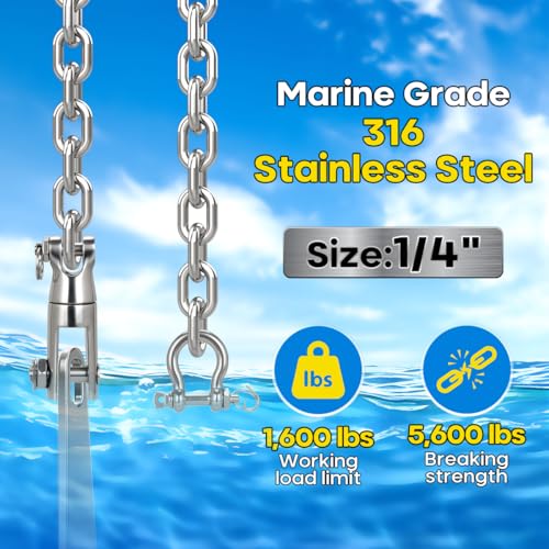 FUCNEN Short Link Windlass Anchor Chain - 316 Stainless Steel Chain Link High Test G4 1/4\" Chain 20 FT with 5/16\" Stainless Shackles and Two Section Boats Anchor Swivel Connector