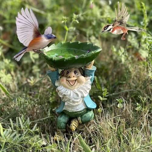 Mangeoire pour oiseaux extérieur avec nain de jardin et bain d'oiseaux en feuille