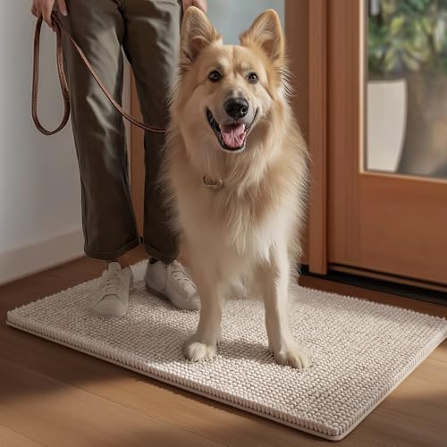 EHEYCIGA Super Absorbent Dog Door Mat for Muddy Paws 60x36 Inch Indoor, Front Doormat Outside Entrance, Quick Dry Chenille Washable Dog Crate Bed, Non-Slip Pet Rug Mud Mat Outdoor Entryway, Beige