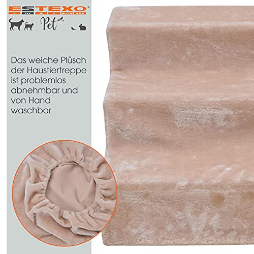 ESTEXO Hundetreppe Katzentreppe Haustiertreppe Tiertreppe Treppenstufen Plüschbezug Einstieghilfe 3 Stufen Beige