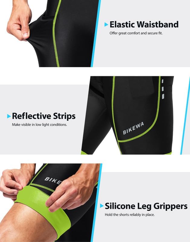 Bikewa Padded Bike Shorts for Men 4D Cycling Road Riding Biking Padding Bicycle Shorts with Phone Pockets