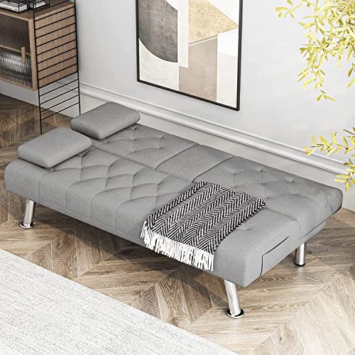 Brogaa Sofa Bed, Soft Cushion With Detachable Armrests, Convertible And Foldable Sleep Sofa Bed, Modern Futon Sofa In Living Room, Bedroom, 2 Cup Holders, Metal Legs (Grey) #TOP2