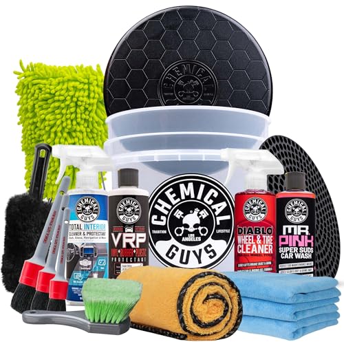 Chemical Guys Car Detailing Kit, Car Cleaning Kit with Total Interior Cleaner & Protectant, Sprayable Wheel Cleaner, Car Wash Soap, Bucket, Brushes, and Detailing Accessories - 17 Piece Wash Kit