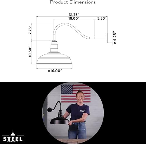 Miniatura 2 de Steel Lighting Co. Gardena - Luz de granero  Montaje en pared al aire libre  Cúpula de 16 pulgadas  Cuello de cisne de 23 pulgadas  Luz de granja