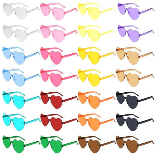 BOUBONI 28 Pack Lunettes de Soleil Multicolores en Forme de Coeur pour Femmes Lunettes de Coeur Sans Monture en Vrac Mardi Gras Lunettes de Soleil Couleur Bonbon pour la Fête