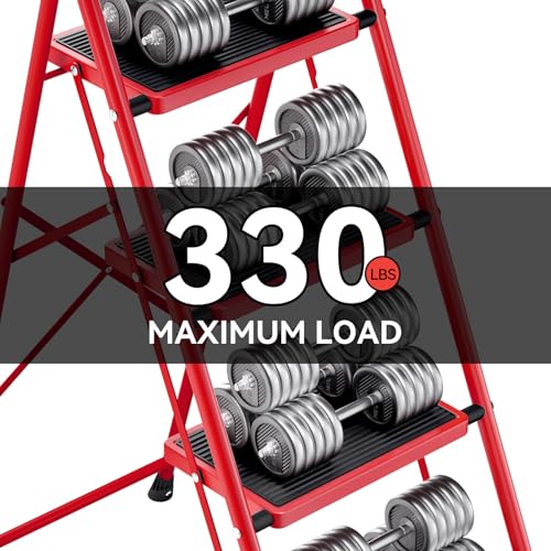 KINGRACK Step Ladder, Folding Ladder with Non-Slip and Wide Pedal, Small Ladders with Handle, Heavy Duty Steel Ladder, Lightweight Step Ladder (Red, 4 Step Ladder) by KINGRACK - Image 3
