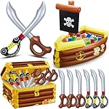 Cunhill 14 Pcs Pirate Party Set Birthday Party Decoration 1pc Funny Inflatable Pirate Ship Drink Cooler 1pc Blow up Treasure Chest 12 Pcs Kid Sword for Beverage Serving Container Pool Halloween