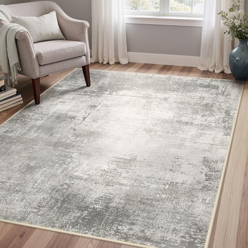 BEIMO Washable Rugs Living Room 120x170cm, Abstract Area Rugs for Bedroom Soft Short Pile, Machine Washable Rug Non-Slip Large Rugs for Living Room, Dining Room, Charcoal Grey & Off-White