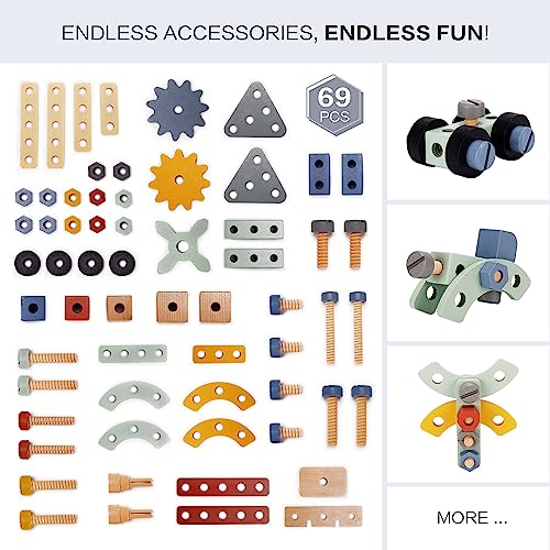 Deluxe Wooden Toy Workbench for Kids, 69 Pieces Tool Playset with Play Tools Set, Storage Space, Tool Bench, and Educational Gift for Girls & Boys Toddlers 3+ - Thumbnail 4