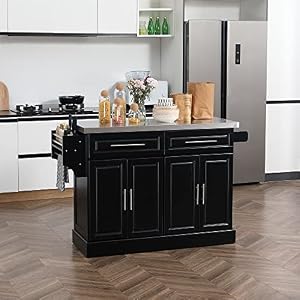 HOMCOM Rolling Kitchen Island with Storage Portable Kitchen Cart with Stainless Steel Top 2 Drawers Spice Knife and Towel Rack and Cabinets Black