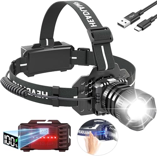 LIGBT 150000LM 9 Modes Rechargeable Headlamp IPX6 Waterproof Super Bright Headlamp Red Warning Zoomable Headlights 90° Adjustable Head Lamp for Outdoor Camping Hiking Hunting Fishing Car Repair