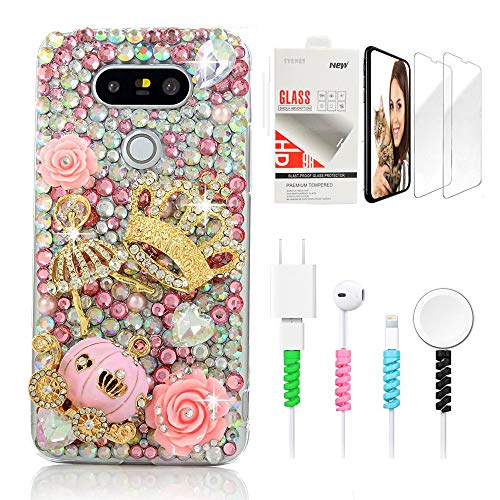 STENES Bling Case Compatible with LG Stylo 5 / Stylo 5V / Stylo 5 Plus - Stylish - 3D Handmade Sparkle Crown Ballet Girls Pumpkin Car Rose Flowers Cover with Screen Protector & Cable Protector - Pink