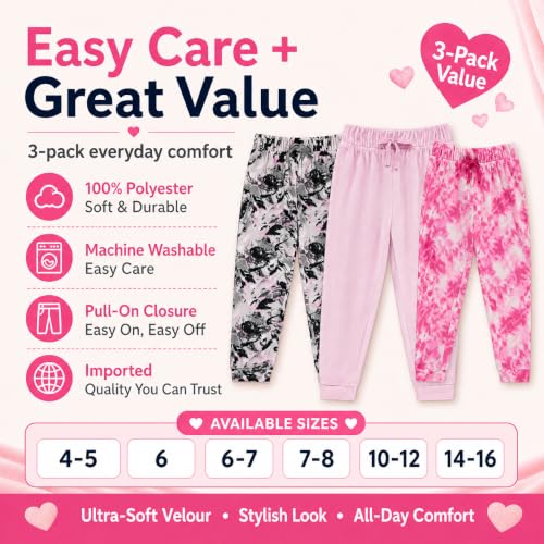 Image of BTween Girls 3 Pack Velour Jogger Pant Set Solid, Tie Dye or Camo Sweatpants for Girls