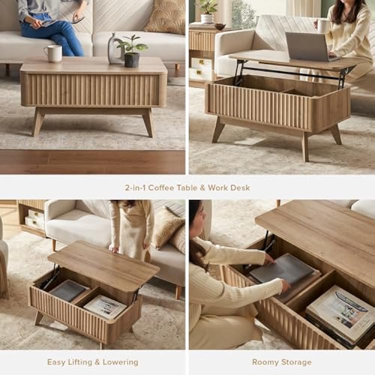 mopio Brooklyn Coffee Table, Lift Top Coffee Tables for Living Room, Mid Century, Modern Farmhouse Center Table with Lifting Top & Hidden Storage, Fluted Panel, Rising Pull Up (Oak Fluted)