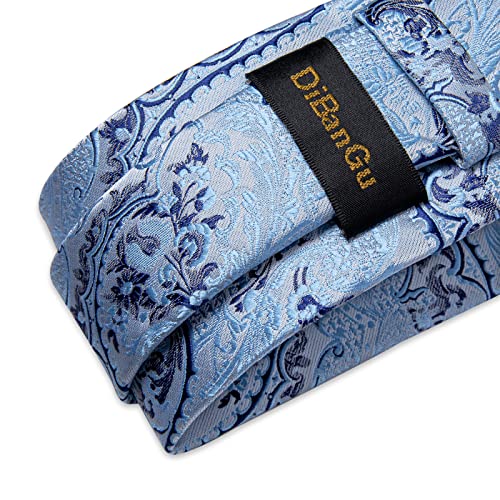 Dibangu Light Blue Paisley Necktie And Gold Tie Ring Set For Men Silk Tie Handkerchief Cufflinks Set Wedding Party #TOP6