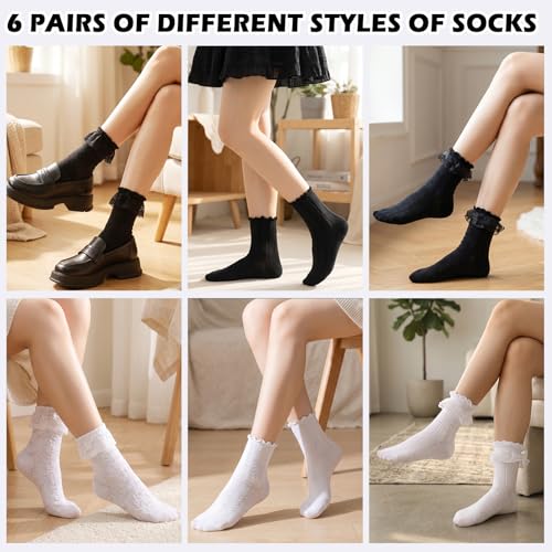 Image of Jspupifip 6 Pairs Lace Ruffle Frilly Crew Socks for Women Girls | Cotton Breathable Cute Princess Ankle Dress Lace Socks Thin Cool Casual Socks