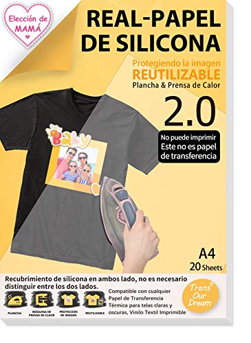 TransOurDream Real - Papel de Transferencia Fácil de usar.(A4x20 hojas) Papel de Silicona para Planchar de Transferencia de Tejidos, Reutilizable y recubre silicona en ambos lados, ES-8-20