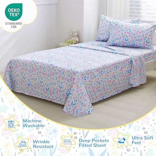 Image of Viviland 3 Pieces Girls Purple Floral Twin Sheet Set - Soft Microfiber Fitted Flat Sheets & Pillowcase - Purple Colorful Flower Print Bedding Sets - for Kids & Toddlers