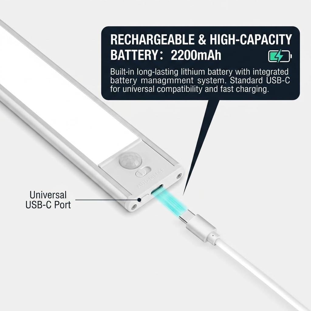 16” Rechargeable LED Under Cabinet Lights, 3 Color Temperatures Motion Sensor Closet Light, High-Capacity Battery Magnetic Wireless Night Light Bar for Kitchen, Counter, Wardrobe (2 Pack)
