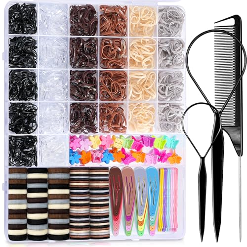 Image of TsMADDTs Hair Accessories, Elastic Hair Ties for Baby Toddlers Kids Girls, 6 Colors Small Rubber Bands Set with Ties and Clips, Styling Tools