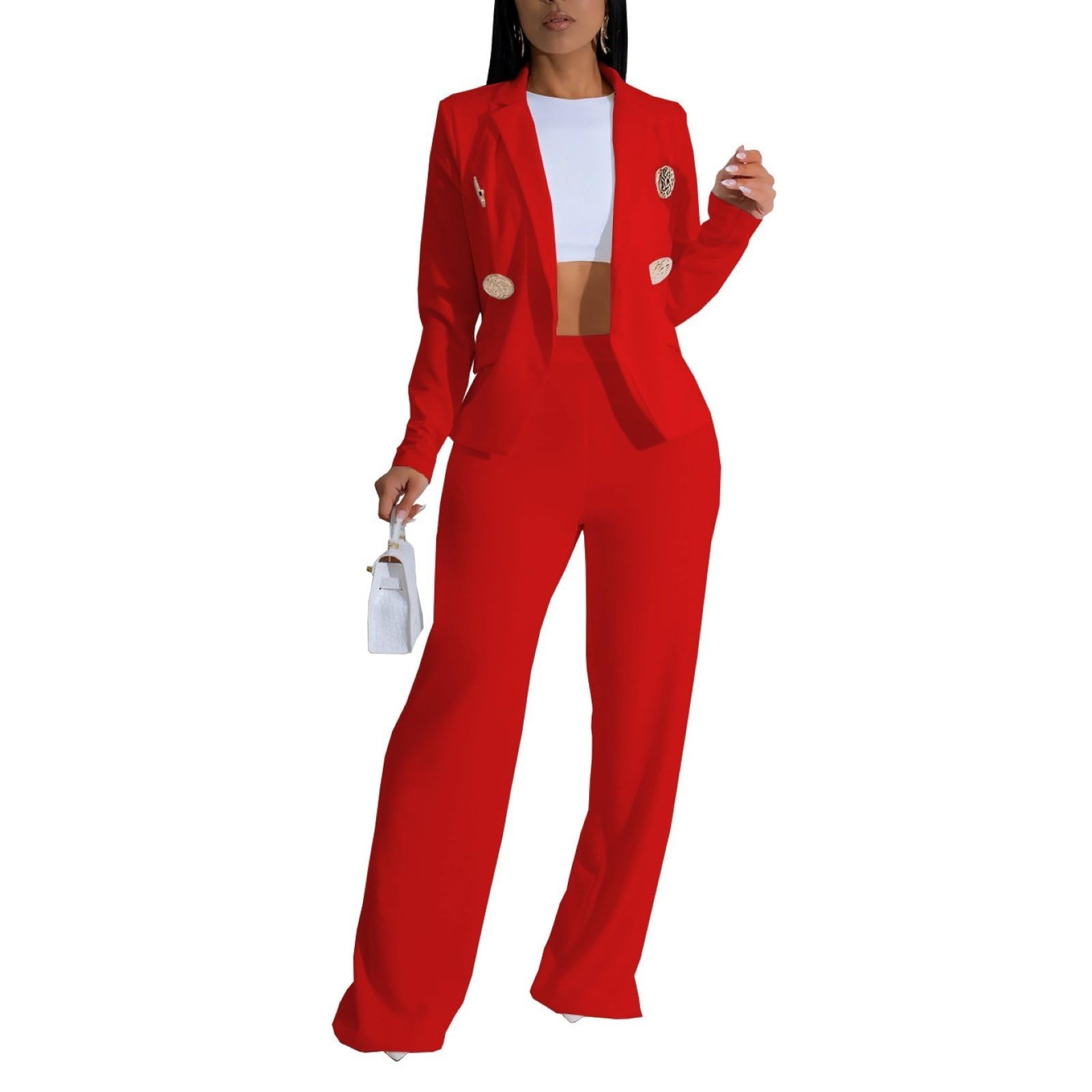 Womens 2 Piece Business Outfits Dressy Cropped Button Blazer Wide Leg Work Pants Office Suit Sets