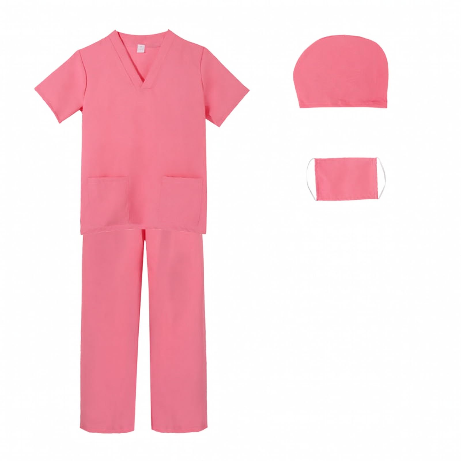 Kinder-Arztkostüm aus Polyester weich verarbeitet OP-Kostüm mit Hose und Kappe bequem Kinderarzt-Outfit-Set für Rollenspiel, Schultheater, Fasching, Rosa, 110CM