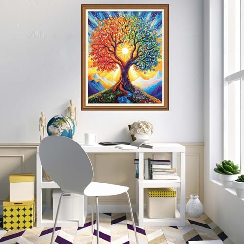 Image of Disnesart Cross Stitch Stamped Full Embroidery Kits DIY 11CT Cotton Thread Printed DIY Needlepoint Kits Craft Needlework Set Cross-Stitch Stamped Sets-Tree of Life Sun 16x20 inch