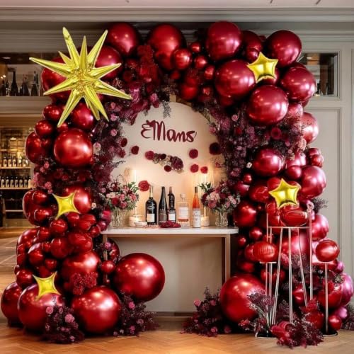 Image of Double Stuffed Burgundy Balloon Arch for Birthday Valentines Party Decor | Latex Wine Red Explosion Star Balloon Arch Garland Different Sizes Maroon Balloons for Bridal Baby Shower Wedding Prom party