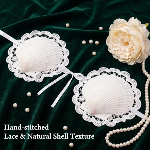 Image of White Shell Bra with Cord and Starfish Hair Clip, 4.5 inch x 5 inch DIY Natural Shell Bikini Top, Halloween Costumes for Mermaid